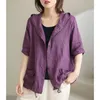 Blouses pour femmes Violet coton mince veste d'été femmes vêtements à manches courtes en vrac décontracté chemise à capuche simple boutonnage solide vintage confortable