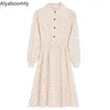 Robes décontractées 2023 automne printemps femmes doux Chic robe rose abricot fruits imprimé taille élastique mignon Kawaii Mori fille a-ligne