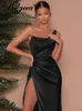 Casual Dresses Dulzura Solid Women One Shoulder Strap Satin Midi Dress Side Slit Ruched Patchwork BodyCon Sexy Streetwear Party Elegant Evening T230210