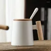 Mugs 2023 Couples Coffee Mug With Lid Spoon Ceramic Love Water Cup Wooden Handle 400ml Simple For Valentine's Day Gifts