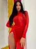 Casual Dresses Women O-neck Long Sleeve Hollow Out Bodycon High Slit Dress Streetwear Sexy See Through Mesh Evening Party Club Red