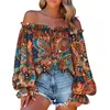 Women's Blouses Elegant Off Shoulder Blouse Women Casual Retro Flower Printing Long Sleeve Tee Shirt Top Camisas De Mujer