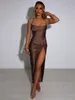 Casual Dresses Dulzura Summer Satin Sexy Y2K Clothes Lace Up Sleeveless Backless Side Slit Bodycon Midi Dress For Women 2022 Club Party Elegant T230210