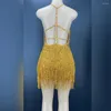 Stage Wear Gold Fringes Dance Costume Party Outfit Tassel Bodysuit Evening Birthday Show Gogo Performance Dress