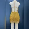 Bühnenkleidung, Goldfransen, Tanzkostüm, Party-Outfit, Quaste, Bodysuit, Abend, Geburtstag, Show, Gogo, Performance-Kleid