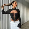 Women's T-Shirt Women's fashion shirts summer New Solid Casual Backless Round Neck Long Sleeve Strap Mesh Slim Top