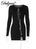 Casual jurken dulzura herfst sexy y2k kleding diamanten uitgehold uit lange mouw o-neck bodycon mini-jurken voor dames club feest elegante outfits t230210