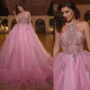 2023 Pink Prom Dresses Off the Shoulder Sexy Halter Crystals P￤rlade glittrande paljetter Skr￤ddarsydd kv￤llskl￤nning formell tillf￤lle b￤r vestidos plus storlek