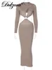 Casual Dresses Dulzura Summer Knitted Sexy Y2K Clothes Hollow Out Long Sleeve Backless Bodycon Midi Dresses For Women 2022 Outfits Club Party T230210