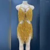 Abbigliamento da palcoscenico Frange dorate Costume da ballo Vestito da festa Tuta con nappe Abito da sera per spettacolo di compleanno Gogo