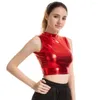 Damen-Tanktops, ärmelloses Damen-Tanktop mit Rundhalsausschnitt, schmales metallisches Tanktop, stilvoll, weich, glänzend, glitzernd, für Bühnentanz, Kostüm, Karneval, Party, kurz geschnitten