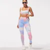 Active Set Women's Sports Two Piece Set Fashion Tie-Dye U-Neck Vest Top Bh och Tight High midjebyxor Passar Skinny Fitness Yoga