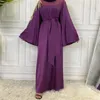 Roupas étnicas de cetim macio abaya maxi vestido mulheres apliques de moda muçulmana manga longa com cinto de canto hijab vestidos dubai africa roupas