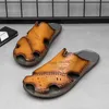 Sandaler Summer Men Leather Vintage Roman Slip-On 2023 tofflor utomhus sneakers mjuka botten gummi strandbassänger promenad sko