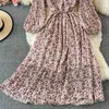 Vestidos informales de otoño para mujer, vestido Midi drapeado estampado, Vintage, cuello en V, manga larga, cintura alta, Vestidos de gasa, bata azul/negra/caqui 2023