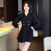 작업 드레스 진짜 PO 가을 OL Short Blazer Dress Outfits Bodycon Double Breasted Pleated 및 반바지 2 피스 세트 정장 여성