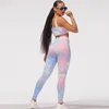 Conjuntos activos Conjunto deportivo de dos piezas para mujer Moda Tie-dye Chaleco con cuello en U Sujetador superior y pantalones ajustados de cintura alta Traje ajustado Fitness Yoga