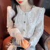 Women's Blouses Casual Blouse Female 2023 French Light Ripe Lace Pearl Doll Neck Versatile Shirt Fashionable Slim Long Sleeve Top