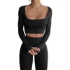 Active Set Women Yoga Set Solid Color Long Sleeve Cropped Tops och High midje Leggings Two-Piece Sport Suit