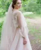 Robe de mariée style Boho, ligne a, col rond, manches lanternes, effet d'illusion, Tulle, dentelle, paillettes, longueur au sol, traîne de balayage