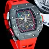 65-01 Kol Automatisk herrar Titta p￥ lyxklockor Transparenta Dial Sapphire Crystal Water Resistance Red Gummi Rem 6 F￤rger