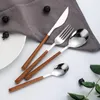 Dinnerware Sets Ins Wood Handle Stainless Steel Knife And Fork Spoon Western Steak Imitation Marbled Tableware Plates