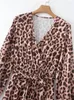 Vestidos casuais Autumn Women Cross V Neck com Belt A-Line Leopard Vest