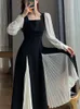 Casual Dresses QWEEK French Vintage Black Midi Dress Women Office Ladies Mesh Elegant Designer Wrap Square Collar 2023 Autumn Kpop