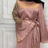 Roupas étnicas de cetim macio abaya maxi vestido mulheres apliques de moda muçulmana manga longa com cinto de canto hijab vestidos dubai africa roupas