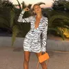 Casual Dresses Dulzura Floral Zebra Print Women Long Sleeve Ruched Shirt Mini Dress Bodycon Slim Sexy Streetwear Party Club 2021 Autumn Winter T230210