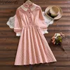 Robes décontractées 2023 automne printemps femmes doux Chic robe rose abricot fruits imprimé taille élastique mignon Kawaii Mori fille a-ligne