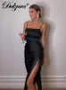 Casual Dresses Dulzura Solid Women Drawstring Ruched Strap Midi Dress Side Slit Backless BodyCon Sexy Party Elegant Evening 2021 Autumn Winter T230210