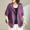 Blouses pour femmes Violet coton mince veste d'été femmes vêtements à manches courtes en vrac décontracté chemise à capuche simple boutonnage solide vintage confortable