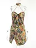 Casual Dresses Dulzura Floral Print Women Chain Patchwork Halter Corset Mini Dress Side Slit Bodycon Sexig Streetwear Party Club Vintage 2022 T230210