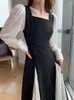 Casual Dresses QWEEK French Vintage Black Midi Dress Women Office Ladies Mesh Elegant Designer Wrap Square Collar 2023 Autumn Kpop