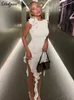 Sukienki swobodne Dulzura Ruffle Mesh zobacz Seksowne ubrania Y2K Kwiat bez rękawów O-Neck Bodycon Bodycon Mini Sukienka dla kobiet