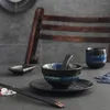 Set di stoviglie Ciotola Set di ciotole in ceramica Piatti da minestra giapponesi Stoviglie per ristoranti di sushi Piatto di ramen nero Piatto asiatico Cucchiaio grande