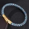 Charm-Armbänder, Schmuck, Großhandel, handgewebtes Lederarmband, goldene Schnappschnalle, Vintage, schlicht, für Herren und Damen, Blau