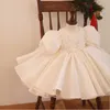 Robes de fille ivoire blanc longueur genou bébé filles fête d'anniversaire avec grand nœud en Satin robe à fleurs vêtements de l'année