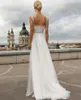 Wedding Dress Boho A-Line Square Collar Tank Lace Appliques Backless Button Sleeveless Floor Length Sweep Train Bride Gown