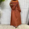 Roupas étnicas de cetim macio abaya maxi vestido mulheres apliques de moda muçulmana manga longa com cinto de canto hijab vestidos dubai africa roupas