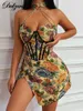 Casual Dresses Dulzura Floral Print Women Chain Patchwork Halter Corset Mini Dress Side Slit Bodycon Sexig Streetwear Party Club Vintage 2022 T230210