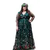 Plus Size Bohemian Wedding Dress Green And Black V-Neck A Line Empire Waist Bridal Dresses Floor Length Long Sleeves Floral Lace Bride Gowns Custom Made