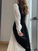 Casual Dresses QWEEK French Vintage Black Midi Dress Women Office Ladies Mesh Elegant Designer Wrap Square Collar 2023 Autumn Kpop