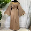 Roupas étnicas de cetim macio abaya maxi vestido mulheres apliques de moda muçulmana manga longa com cinto de canto hijab vestidos dubai africa roupas