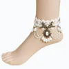 Anklets kvinnor lolita gotisk handgjord svart vit skiktkedja faux pärla dropp sten blommas spets fotled sandaler barfota armband