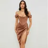 Casual Dresses Dulzura 2021 Summer Women Pure Satin Corset Midi Dress Off Shoulder High Slit Ruched Bodycon Sexy Elegant Party Solid Clothes T230210