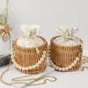 Duffel Bags Summer Rattan Wicker Straw Bag With Pearl Chain Women's Handbag Desktop Oraganizer Woven Beach Bucket Wedding Cosmetic