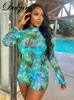 Casual Kleider Dulzura 2022 Sommer Frauen Mesh Sexy Y2K Tuch Tie Dye Drucken Langarm Seite Schlitz Bodycon Mini Kleid Outfits club Party Geburtstag T230210