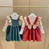 Conjuntos de roupas Autumn Girl Girl Set Sweet Bowknot Corduroy Vestre Dress Flower Bubble Manga Longa T-shirt Terno de 2 peças